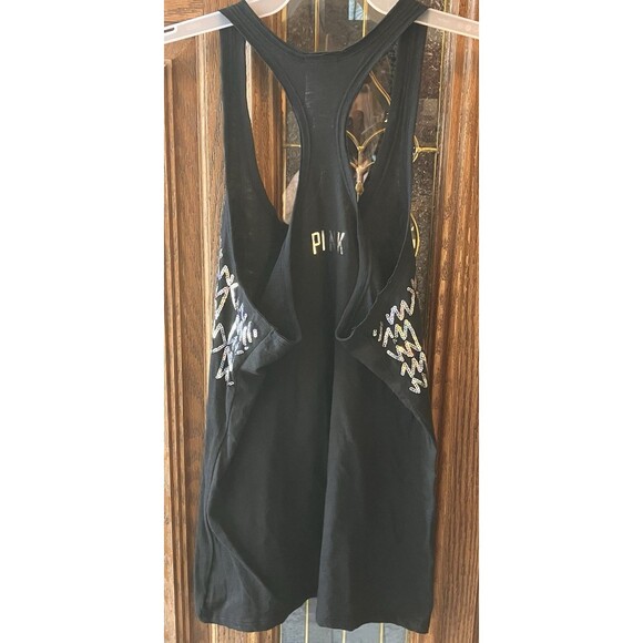 PINK Victoria's Secret Black Racer Back Tank Size S Geometric EUC Silver Sequin - Picture 5 of 8